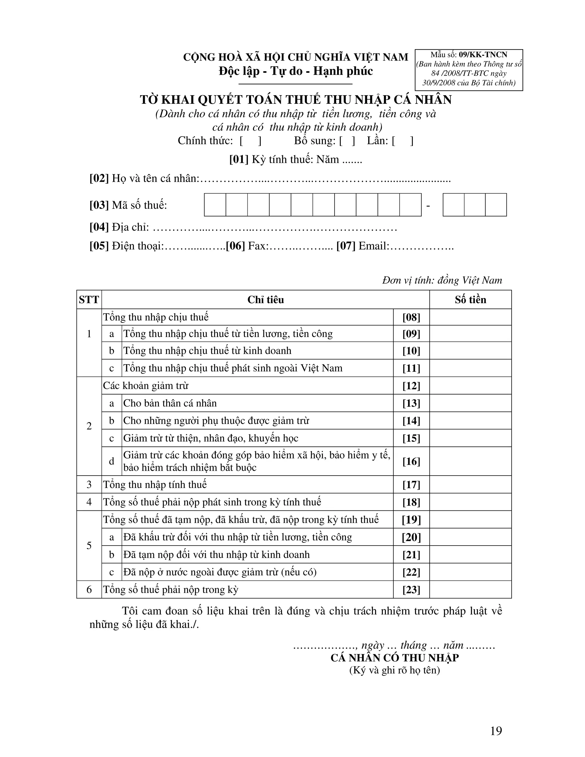Mau so 09 kk tncn to khai quyet toan thue tncn pdf