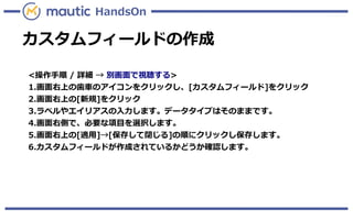 カスタムフィールドの作成
HandsOn
<操作手順 / 詳細 → 別画面で視聴する>
1.画面右上の歯車のアイコンをクリックし、[カスタムフィールド]をクリック
2.画面右上の[新規]をクリック
3.ラベルやエイリアスの入力します。データタイプはそのままです。
4.画面右側で、必要な項目を選択します。
5.画面右上の[適用]→[保存して閉じる]の順にクリックし保存します。
6.カスタムフィールドが作成されているかどうか確認します。
 