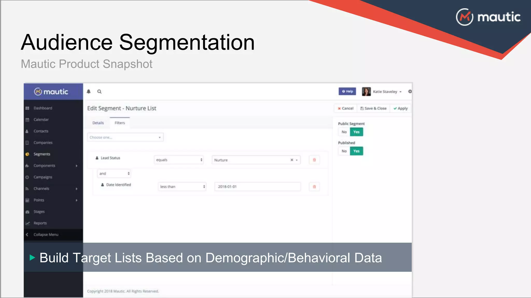 Audience Segmentation
Mautic Product Snapshot
▶ Build Target Lists Based on Demographic/Behavioral Data
 