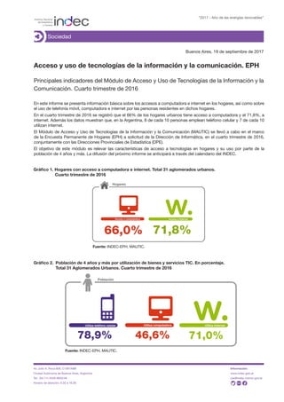 Buenos Aires, 19 de septiembre de 2017
Acceso y uso de tecnologías de la información y la comunicación. EPH
Principales in...