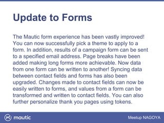 Meetup NAGOYA
Update to Forms
The Mautic form experience has been vastly improved!
You can now successfully pick a theme to apply to a
form. In addition, results of a campaign form can be sent
to a specified email address. Page breaks have been
added making long forms more achievable. Now data
from one form can be written to another! Syncing data
between contact fields and forms has also been
upgraded. Changes made to contact fields can now be
easily written to forms, and values from a form can be
transformed and written to contact fields. You can also
further personalize thank you pages using tokens.
 