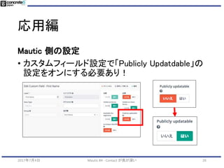 応用編
262017年7月4日 Mautic #4 - Contact が奥が深い
Mautic 側の設定
• カスタムフィールド設定で「Publicly Updatdable」の
設定をオンにする必要あり！
 