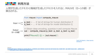 利用方法
©2022 ARISE analytics Reserved. 14
人間が生成したテキストと機械が生成したテキストを入れると、MAUVE（0~1の値）が
算出される。
Github
krishnap25/mauve: Package to compute Mauve, a similarity score between neural text and human text. Install with `pip install mauve-text`. (github.com)
and krishnap25/mauve-experiments (github.com)
Input
Output
（0～1の値）
Track: Oral Session 1: Deep Learning
(neurips.cc)
 
