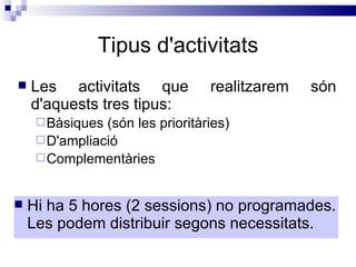 Tipus d'activitats Les activitats que realitzarem són d'aquests tres tipus: Bàsiques (són les prioritàries) D'ampliació Complementàries Hi ha 5 hores (2 sessions) no programades. Les podem distribuir segons necessitats. 