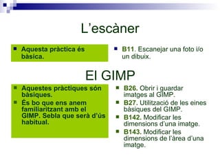 L’escàner Aquesta pràctica és bàsica. B11 .  Escanejar una foto i/o un dibuix. El GIMP Aquestes pràctiques són bàsiques . És bo que ens anem familiaritzant amb el GIMP. Sebla que serà d’ús habitual. B26.  Obrir i guardar imatges al GIMP. B27.  Utilització de les eines bàsiques del GIMP. B142.  Modificar les dimensions d’una imatge. B143.  Modificar les dimensions de l’àrea d’una imatge. 