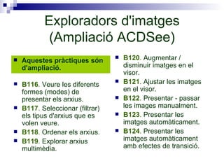Exploradors d'imatges (Ampliació ACDSee) Aquestes pràctiques són d'ampliació. B116 .  Veure les diferents formes (modes) de presentar els arxius. B117 .  Seleccionar (filtrar) els tipus d'arxius que es volen veure. B118 .  Ordenar els arxius. B119 .  Explorar arxius multimèdia. B120 .  Augmentar / disminuir imatges en el visor. B121 .  Ajustar les imatges en el visor. B122 .  Presentar - passar les images manualment. B123 .  Presentar les imatges automàticament. B124 .  Presentar les imatges automàticament amb efectes de transició. 