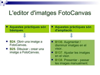 L'editor d'imatges FotoCanvas Aquestes pràctiques són bàsiques. B24 .  Obrir una imatge a FotoCanvas. B25 .  Dibuixar - crear una imatge a FotoCanvas. B136 .  Augmentar / disminuir imatges en el visor. B137 .  Ajustar les imatges en el visor. B138 .  Presentar - passar les images manualment. Aquestes pràctiques són d'ampliació. 