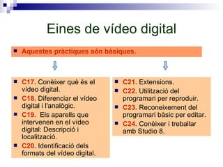 Eines de vídeo digital Aquestes pràctiques són bàsiques. C21.  Extensions. C22.  Utilització del programari per reproduir. C23.  Reconeixement del programari bàsic per editar. C24.  Conèixer i treballar amb Studio 8. C17.  Conèixer què és el vídeo digital. C18.  Diferenciar el vídeo digital i l'analògic. C19.  Els aparells que intervenen en el vídeo digital: Descripció i localització. C20.  Identificació dels formats del vídeo digital. 