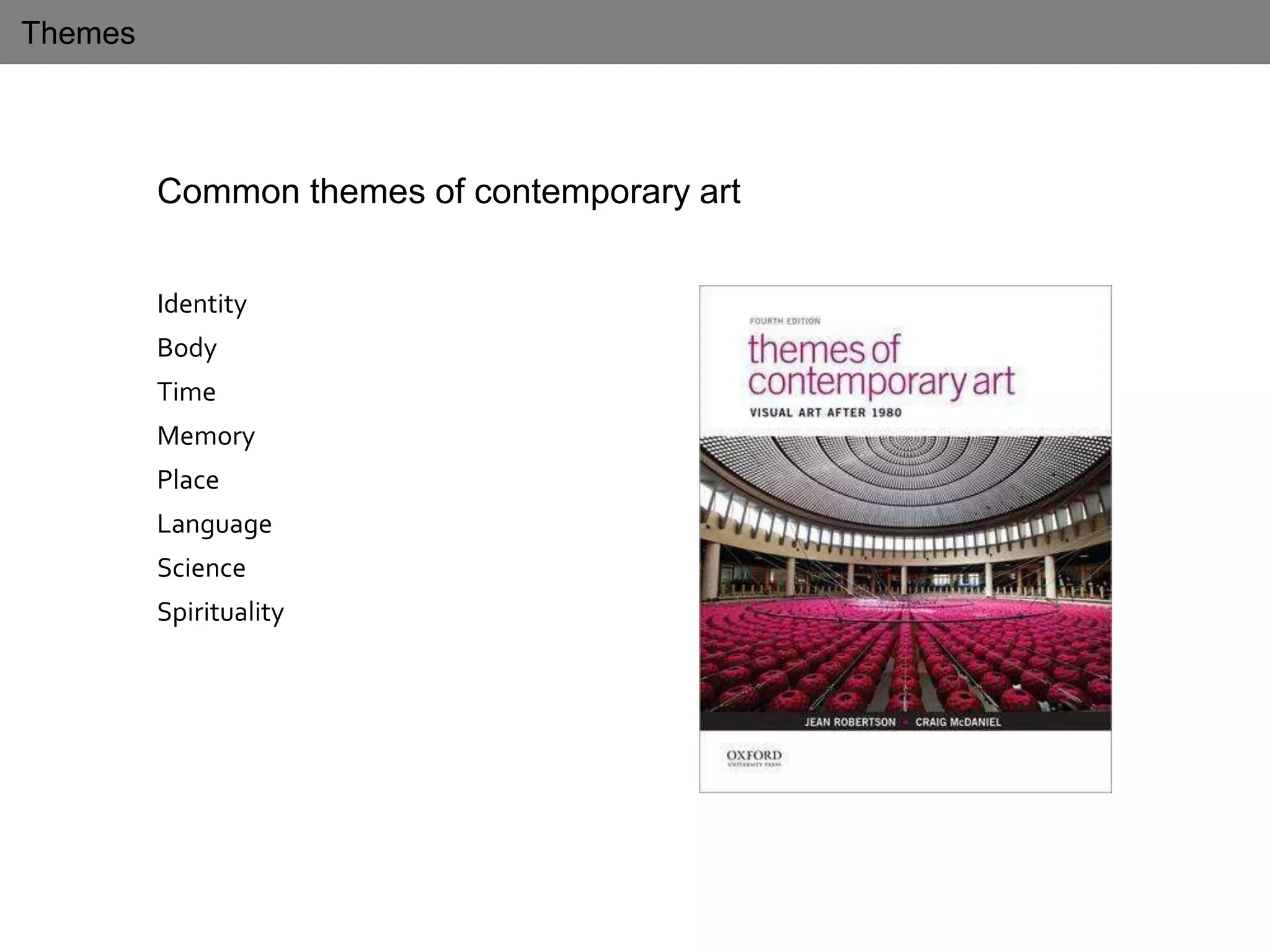 Themes
Common themes of contemporary art
Identity
Body
Time
Memory
Place
Language
Science
Spirituality
 