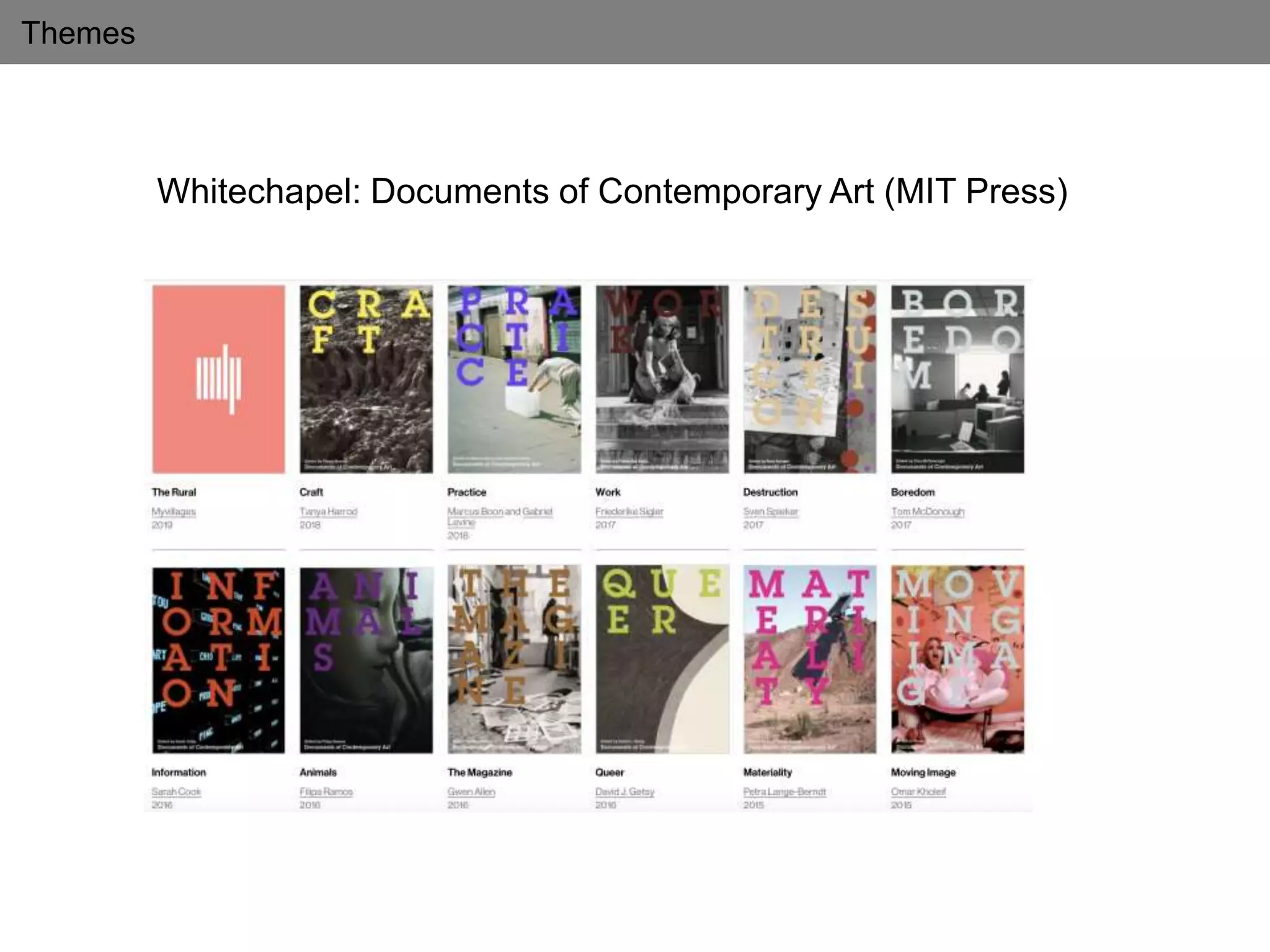 Themes
Whitechapel: Documents of Contemporary Art (MIT Press)
 