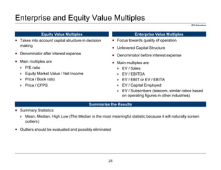 IPO Valuation
Enterprise and Equity Value Multiples
Takes into account capital structure in decision
making
Denominator after interest expense
Main multiples are
P/E ratio
Equity Market Value / Net Income
Price / Book ratio
Price / CFPS
Equity Value Multiples
Focus towards quality of operation
Unlevered Capital Structure
Denominator before interest expense
Main multiples are
EV / Sales
EV / EBITDA
EV / EBIT or EV / EBITA
EV / Capital Employed
EV / Subscribers (telecom, similar ratios based
on operating figures in other industries)
Enterprise Value Multiples
Summary Statistics
Mean, Median, High Low (The Median is the most meaningful statistic because it will naturally screen
outliers)
Outliers should be evaluated and possibly eliminated
Summarize the Results
25