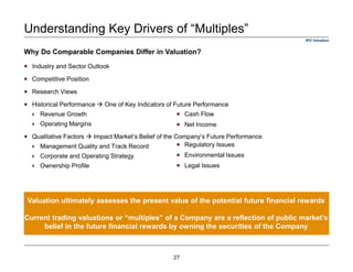  Industry and Sector Outlook
Competitive Position
Research Views
Historical Performance One of Key Indicators of Future Performance
Revenue Growth
Operating Margins
Qualitative Factors Impact Market’s Belief of the Company’s Future Performance
Management Quality and Track Record
Corporate and Operating Strategy
Ownership Profile
Valuation ultimately assesses the present value of the potential future financial rewards
Current trading valuations or “multiples” of a Company are a reflection of public market’s
belief in the future financial rewards by owning the securities of the Company
Cash Flow
Net Income
Regulatory Issues
Environmental Issues
Legal Issues
Understanding Key Drivers of “Multiples”
Why Do Comparable Companies Differ in Valuation?
IPO Valuation
27