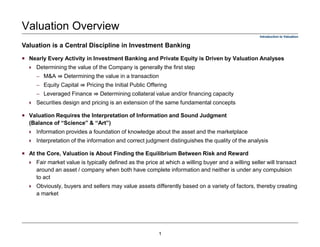Valuation is a Central Discipline in Investment Banking
Nearly Every Activity in Investment Banking and Private Equity is Driven by Valuation Analyses
Determining the value of the Company is generally the first step
– M&A ⇛ Determining the value in a transaction
– Equity Capital ⇛ Pricing the Initial Public Offering
– Leveraged Finance ⇛ Determining collateral value and/or financing capacity
Securities design and pricing is an extension of the same fundamental concepts
Valuation Requires the Interpretation of Information and Sound Judgment
(Balance of “Science” & “Art”)
Information provides a foundation of knowledge about the asset and the marketplace
Interpretation of the information and correct judgment distinguishes the quality of the analysis
At the Core, Valuation is About Finding the Equilibrium Between Risk and Reward
Fair market value is typically defined as the price at which a willing buyer and a willing seller will transact
around an asset / company when both have complete information and neither is under any compulsion
to act
Obviously, buyers and sellers may value assets differently based on a variety of factors, thereby creating
a market
Valuation Overview
Introduction to Valuation
1