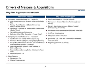 M&A Valuation
Drivers of Mergers & Acquisitions
Compelling Strategic Rationale for a Transaction
Diversification vs. Focus (Broaden or Narrow Business
Mix)
Manage Market Position and Scale (Commit to a
Product / Market or Exit)
Geographic Expansion vs. Retrenchment (Globalization
/ Cost of Entry)
Vertical Integration vs. Outsourcing
Defensive (What If Our Competitor / Pursuer Wins?)
Compelling Financial Rationale for a Transaction
Low Relative Cost or High Relative Opportunity
Financing Markets (Ability to Leverage Equity Returns)
Equity Market Perception / Reaction (Valuation Metrics /
Business Model / Growth / Profitability)
Financial Synergies (Different Value Available to
Different Owners)
Financial Stress (Company Selling Subsidiary to Raise
Cash)
Financial Sponsor Exit
Other Reasons
Management Ego
Change in Management
Why Deals Happen
Insufficient Strategic or Financial Rationale
Management / Board of Directors Resistance (Social
Issues)
Market / Shareholder Concerns (Dilution / Lack of
Understanding / Credibility)
Inadequate Financial Resources Available to the Buyers
Anti-Trust Considerations
Changes in Relative Valuation
Accounting, Tax, Legal, and Environmental Issues Are
Insurmountable
Regulatory (Domestic or Abroad)
Why Deals Don’t Happen
Why Deals Happen and Don’t Happen
4