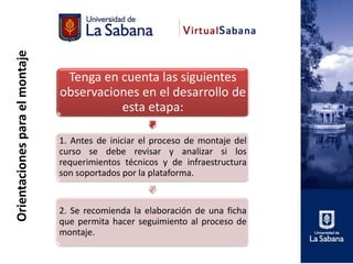 Orientaciones para el montaje



                                 Tenga en cuenta las siguientes
                                observaciones en el desarrollo de
                                          esta etapa:

                                1. Antes de iniciar el proceso de montaje del
                                curso se debe revisar y analizar si los
                                requerimientos técnicos y de infraestructura
                                son soportados por la plataforma.


                                2. Se recomienda la elaboración de una ficha
                                que permita hacer seguimiento al proceso de
                                montaje.
 