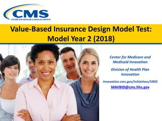 Value-Based Insurance Design Model Test:
Model Year 2 (2018)
Center for Medicare and
Medicaid Innovation
Division of Health Plan
Innovation
Innovation.cms.gov/initiatives/VBID
MAVBID@cms.hhs.gov
 
