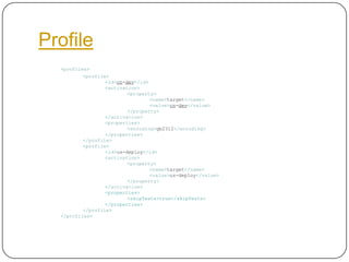 Profile<profiles><profile><id>cn-dev</id><activation><property><name>target</name><value>cn-dev</value></property></activation><properties><encoding>gb2312</encoding></properties></profile><profile><id>us-deploy</id><activation><property><name>target</name><value>us-deploy</value></property></activation>			<properties>				<skipTests>true</skipTests>			</properties></profile></profiles>