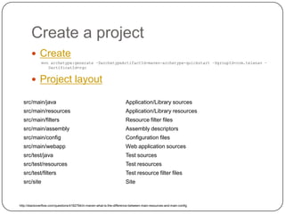 Create a projectCreatemvn archetype:generate –DarchetypeArtifactId=maven-archetype-quickstart –DgroupId=com.telenav –DartificatId=rgcProject layouthttp://stackoverflow.com/questions/4182794/in-maven-what-is-the-difference-between-main-resources-and-main-config