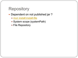 RepositoryDependent on not published jar ?mvninstall:install-fileSystem scope (systemPath)File Repository
