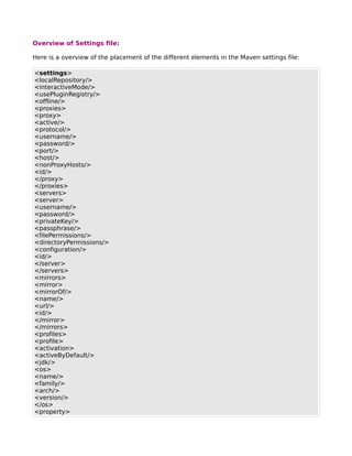 Overview of Settings file:

Here is a overview of the placement of the different elements in the Maven settings file:

<settings>
<localRepository/>
<interactiveMode/>
<usePluginRegistry/>
<offline/>
<proxies>
<proxy>
<active/>
<protocol/>
<username/>
<password/>
<port/>
<host/>
<nonProxyHosts/>
<id/>
</proxy>
</proxies>
<servers>
<server>
<username/>
<password/>
<privateKey/>
<passphrase/>
<filePermissions/>
<directoryPermissions/>
<configuration/>
<id/>
</server>
</servers>
<mirrors>
<mirror>
<mirrorOf/>
<name/>
<url/>
<id/>
</mirror>
</mirrors>
<profiles>
<profile>
<activation>
<activeByDefault/>
<jdk/>
<os>
<name/>
<family/>
<arch/>
<version/>
</os>
<property>
 