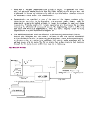 •   Here POM Is Maven's understanding of particular project. The pom.xml files form a
      tree, and each can inherit attributes from its parent. Maven provides a Super POM. The
      Super POM sits at the top the hierarchy tree and contains default common attributes
      for all projects; every project POM inherits from it.

  •   Dependencies are specified as part of the pom.xml file. Maven resolves project
      dependencies according to its dependency management model. Maven looks for
      dependent components (called artifacts in Maven terminology) in local and global
      repositories. Artifacts resolved in remote repositories are downloaded to the local
      repository for efficiency of subsequent access. The dependency resolver in Maven 2
      can deal with transitive dependencies. That is,it works properly when resolving
      dependencies that your dependencies depend on.

  •   The Maven engine itself performs almost all its file-handling tasks through plug-ins.
      Plug-ins are configured and described in the pom.xml file. The plug-ins themselves
      are handled as artifacts by the dependency management system and are downloaded
      on demand as they are needed for a build task. Each plug-in can be associated with the
      various phases of a life cycle. The Maven engine has a state machine that marches
      through the life-cycle phases and invokes plug-ins as necessary.

How Maven Works:
 