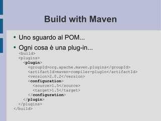 Build with Maven Uno sguardo al POM... Ogni cosa è una plug-in... <build> <plugins> < plugin > <groupId>org.apache.maven.plugins</groupId> <artifactId>maven-compiler-plugin</artifactId> <version>2.0.2</version> < configuration > <source>1.5</source> <target>1.5</target> </ configuration > </ plugin > </plugins> </build> 