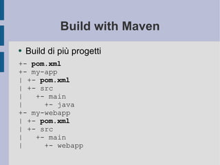 Build with Maven Build di più progetti +-  pom.xml +- my-app | +-  pom.xml | +- src |  +- main |  +- java +- my-webapp | +-  pom.xml | +- src |  +- main |  +- webapp 