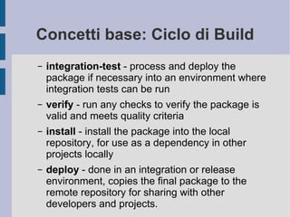 Concetti base: Ciclo di Build integration-test  - process and deploy the package if necessary into an environment where integration tests can be run verify  - run any checks to verify the package is valid and meets quality criteria install  - install the package into the local repository, for use as a dependency in other projects locally deploy  - done in an integration or release environment, copies the final package to the remote repository for sharing with other developers and projects. 