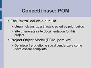 Concetti base: POM Fasi “extra” del ciclo di build clean  : cleans up artifacts created by prior builds site  : generates site documentation for this project Project Object Model (POM, pom.xml) Definisce il progetto, le sue dipendenze e come deve essere compilato. 