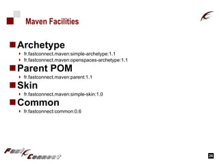 Maven Facilities Archetype fr.fastconnect.maven:simple-archetype:1.1 fr.fastconnect.maven:openspaces-archetype:1.1 Parent POM fr.fastconnect.maven:parent:1.1 Skin fr.fastconnect.maven:simple-skin:1.0 Common  fr.fastconnect:common:0.6 