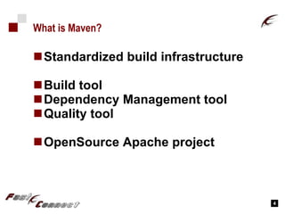 What is Maven? Standardized build infrastructure Build tool Dependency Management tool Quality tool OpenSource Apache project 