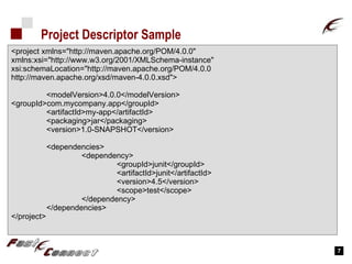 Project Descriptor Sample <project xmlns="http://maven.apache.org/POM/4.0.0"  xmlns:xsi="http://www.w3.org/2001/XMLSchema-instance"  xsi:schemaLocation="http://maven.apache.org/POM/4.0.0  http://maven.apache.org/xsd/maven-4.0.0.xsd">  <modelVersion>4.0.0</modelVersion>  <groupId>com.mycompany.app</groupId>  <artifactId>my-app</artifactId>  <packaging>jar</packaging>  <version>1.0-SNAPSHOT</version>  <dependencies>  <dependency>  <groupId>junit</groupId>  <artifactId>junit</artifactId>  <version>4.5</version>  <scope>test</scope>  </dependency>  </dependencies>  </project> 