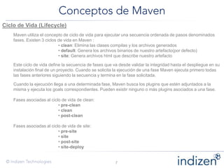 Ciclo de Vida (Lifecycle)
Maven utiliza el concepto de ciclo de vida para ejecutar una secuencia ordenada de pasos denominados
fases. Existen 3 ciclos de vida en Maven :
• clean: Elimina las clases compilas y los archivos generados
• default: Genera los archivos binarios de nuestro artefacto(por defecto)
• site: Genera archivos html que describe nuestro artefacto
Este ciclo de vida define la secuencia de fases que va desde validar la integridad hasta el despliegue en su
instalación final de un proyecto. Cuando se solicita la ejecución de una fase Maven ejecuta primero todas
las fases anteriores siguiendo la secuencia y termina en la fase solicitada.
Cuando la ejecución llega a una determinada fase, Maven busca los plugins que estén adjuntados a la
misma y ejecuta los goals correspondientes. Pueden existir ninguno o más plugins asociados a una fase.
Fases asociadas al ciclo de vida de clean:
• pre-clean
• clean
• post-clean
Fases asociadas al ciclo de vida de site:
• pre-site
• site
• post-site
• site-deploy
 