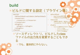 build
ビルドに関する設定（プラグイン等）
<build>
<defaultGoal>validate</defaultGoal>
<resources>
<resource>…</resource>
</resources>
<plugins>
<plugin>…</plugin>
</plugins>
</build>

defaultGoal
goal/phase指定が無い場合に実行さ
れるgoal/phaseを指定する

resources
成果物に含める、含めないリソース
(*.properties, *.xml等) を設定する

plugins
ビルドに使用するプラグイン設定
プラグインの追加
phaseにgoalを結びつけ
プラグインの引数設定

ソースディレクトリ、ビルドしたclass
ファイルの出力先を変更することもでき
る
でも、基本的にやらない。

 