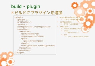 build - plugin
ビルドにプラグインを追加
<plugin>
<groupId />
<artifactId />
<version />
<configuration>…</configuration>
<executions>
<execution>
<id>taskname</id>
<phase>compile</phase>
<goals>
<goal>doTask</goal>
</goals>
<configuration>…</configuration>
</execution>
</executions>
</plugin>

groupId, artifactId, version
プラグインを特定するキー

configuration
プラグインの引数設定

execution
phaseにgoalを結びつける
phase
紐付け先のフェーズ

goal
フェーズで実行するプラグインのgoal

 