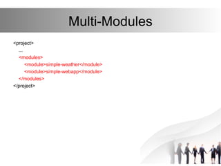 Multi-Modules
<project>
...
<modules>
<module>simple-weather</module>
<module>simple-webapp</module>
</modules>
</project>
 