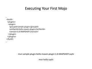 ...
<build>
<plugins>
<plugin>
<groupId>sample.plugin</groupId>
<artifactId>hello-maven-plugin</artifactId>
<version>1.0-SNAPSHOT</version>
</plugin>
</plugins>
</build>
...
Executing Your First Mojo
mvn sample.plugin:hello-maven-plugin:1.0-SNAPSHOT:sayhi
mvn hello:sayhi
 