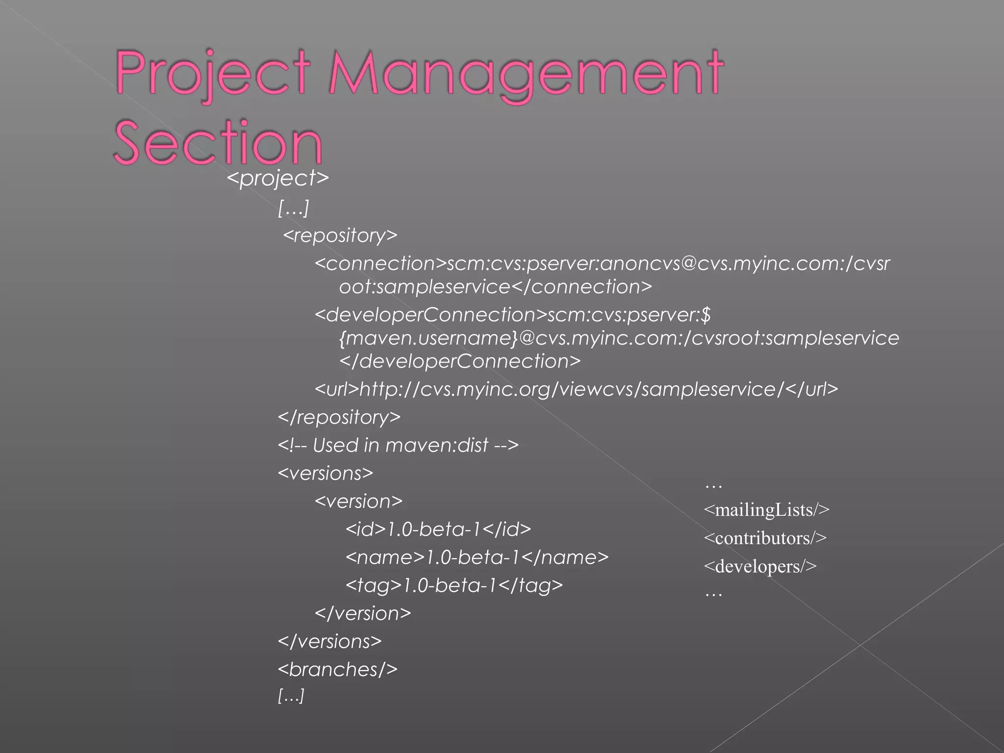 <project>
[…]
<repository>
<connection>scm:cvs:pserver:anoncvs@cvs.myinc.com:/cvsr
oot:sampleservice</connection>
<developerConnection>scm:cvs:pserver:$
{maven.username}@cvs.myinc.com:/cvsroot:sampleservice
</developerConnection>
<url>http://cvs.myinc.org/viewcvs/sampleservice/</url>
</repository>
<!-- Used in maven:dist -->
<versions>
<version>
<id>1.0-beta-1</id>
<name>1.0-beta-1</name>
<tag>1.0-beta-1</tag>
</version>
</versions>
<branches/>
[…]
…
<mailingLists/>
<contributors/>
<developers/>
…
 