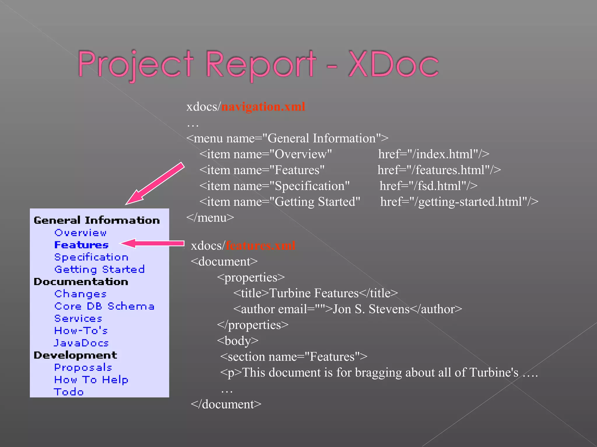 xdocs/navigation.xml
…
<menu name="General Information">
<item name="Overview" href="/index.html"/>
<item name="Features" href="/features.html"/>
<item name="Specification" href="/fsd.html"/>
<item name="Getting Started" href="/getting-started.html"/>
</menu>
xdocs/features.xml
<document>
<properties>
<title>Turbine Features</title>
<author email="">Jon S. Stevens</author>
</properties>
<body>
<section name="Features">
<p>This document is for bragging about all of Turbine's ….
…
</document>
 