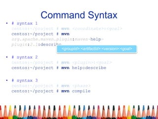 Command Syntax
• # syntax 1
centos:~/project # mvn <coordinate>:<goal>
centos:~/project # mvn
org.apache.maven.plugin:maven-help-
plugin:2.1:describe
• # syntax 2
centos:~/project # mvn <plugin>:<goal>
centos:~/project # mvn help:describe
• # syntax 3
centos:~/project # mvn <phase>
centos:~/project # mvn compile
<groupId>:<artifactId>:<version>:<goal>
 