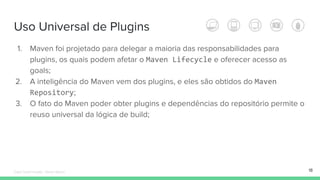 Uso Universal de Plugins
1. Maven foi projetado para delegar a maioria das responsabilidades para
plugins, os quais podem afetar o Maven Lifecycle e oferecer acesso as
goals;
2. A inteligência do Maven vem dos plugins, e eles são obtidos do Maven
Repository;
3. O fato do Maven poder obter plugins e dependências do repositório permite o
reuso universal da lógica de build;
18Édipo Daniel Aragão - Maven Básico
 