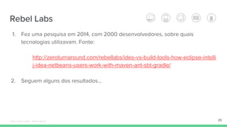 Rebel Labs
1. Fez uma pesquisa em 2014, com 2000 desenvolvedores, sobre quais
tecnologias utilizavam. Fonte:
http://zeroturnaround.com/rebellabs/ides-vs-build-tools-how-eclipse-intelli
j-idea-netbeans-users-work-with-maven-ant-sbt-gradle/
2. Seguem alguns dos resultados...
20Édipo Daniel Aragão - Maven Básico
 