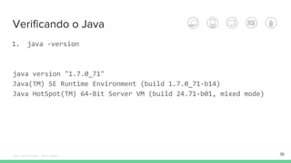 Verificando o Java
1. java -version
java version "1.7.0_71"
Java(TM) SE Runtime Environment (build 1.7.0_71-b14)
Java HotSpot(TM) 64-Bit Server VM (build 24.71-b01, mixed mode)
36Édipo Daniel Aragão - Maven Básico
 