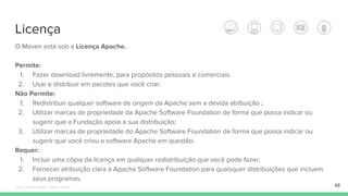 Licença
O Maven está sob a Licença Apache.
Permite:
1. Fazer download livremente, para propósitos pessoais e comerciais.
2. Usar e distribuir em pacotes que você criar.
Não Permite:
1. Redistribuir qualquer software de origem da Apache sem a devida atribuição ;
2. Utilizar marcas de propriedade da Apache Software Foundation de forma que possa indicar ou
sugerir que a Fundação apoia a sua distribuição;
3. Utilizar marcas de propriedade do Apache Software Foundation de forma que possa indicar ou
sugerir que você criou o software Apache em questão.
Requer:
1. Incluir uma cópia da licença em qualquer redistribuição que você pode fazer;
2. Fornecer atribuição clara à Apache Software Foundation para quaisquer distribuições que incluem
seus programas.
48Édipo Daniel Aragão - Maven Básico
 