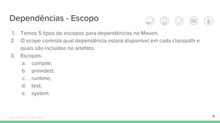 Dependências - Escopo
19
1. Temos 5 tipos de escopos para dependências no Maven.
2. O scope controla qual dependência estará disponível em cada classpath e
quais são incluídas no artefato.
3. Escopos:
a. compile;
b. provided;
c. runtime;
d. test;
e. system.
Édipo Daniel Aragão - Maven Básico
 