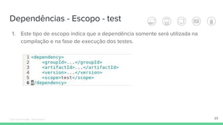 Dependências - Escopo - test
23
1. Este tipo de escopo indica que a dependência somente será utilizada na
compilação e na fase de execução dos testes.
Édipo Daniel Aragão - Maven Básico
 