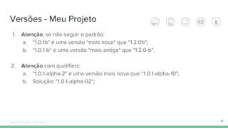 Versões - Meu Projeto
9
1. Atenção, se não seguir o padrão:
a. "1.0.1b" é uma versão "mais nova" que "1.2.0b";
b. "1.0.1-b" é uma versão "mais antiga" que "1.2.0-b".
2. Atenção com qualifiers:
a. "1.0.1-alpha-2" é uma versão mais nova que "1.0.1-alpha-10";
b. Solução: "1.0.1-alpha-02";
Édipo Daniel Aragão - Maven Básico
 