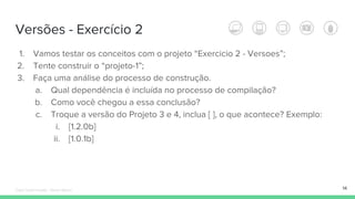 Versões - Exercício 2
14
1. Vamos testar os conceitos com o projeto “Exercicio 2 - Versoes”;
2. Tente construir o “projeto-1”;
3. Faça uma análise do processo de construção.
a. Qual dependência é incluída no processo de compilação?
b. Como você chegou a essa conclusão?
c. Troque a versão do Projeto 3 e 4, inclua [ ], o que acontece? Exemplo:
i. [1.2.0b]
ii. [1.0.1b]
Édipo Daniel Aragão - Maven Básico
 