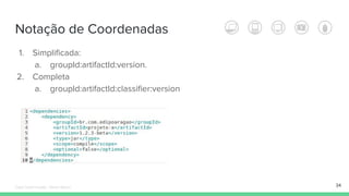 Notação de Coordenadas
1. Simplificada:
a. groupId:artifactId:version.
2. Completa
a. groupId:artifactId:classifier:version
34Édipo Daniel Aragão - Maven Básico
 