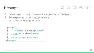Herança
1. Permite que um projeto herde informações de um POM pai;
2. Evita repetição de declarações comuns:
a. Similar a herança do Java.
35Édipo Daniel Aragão - Maven Básico
 